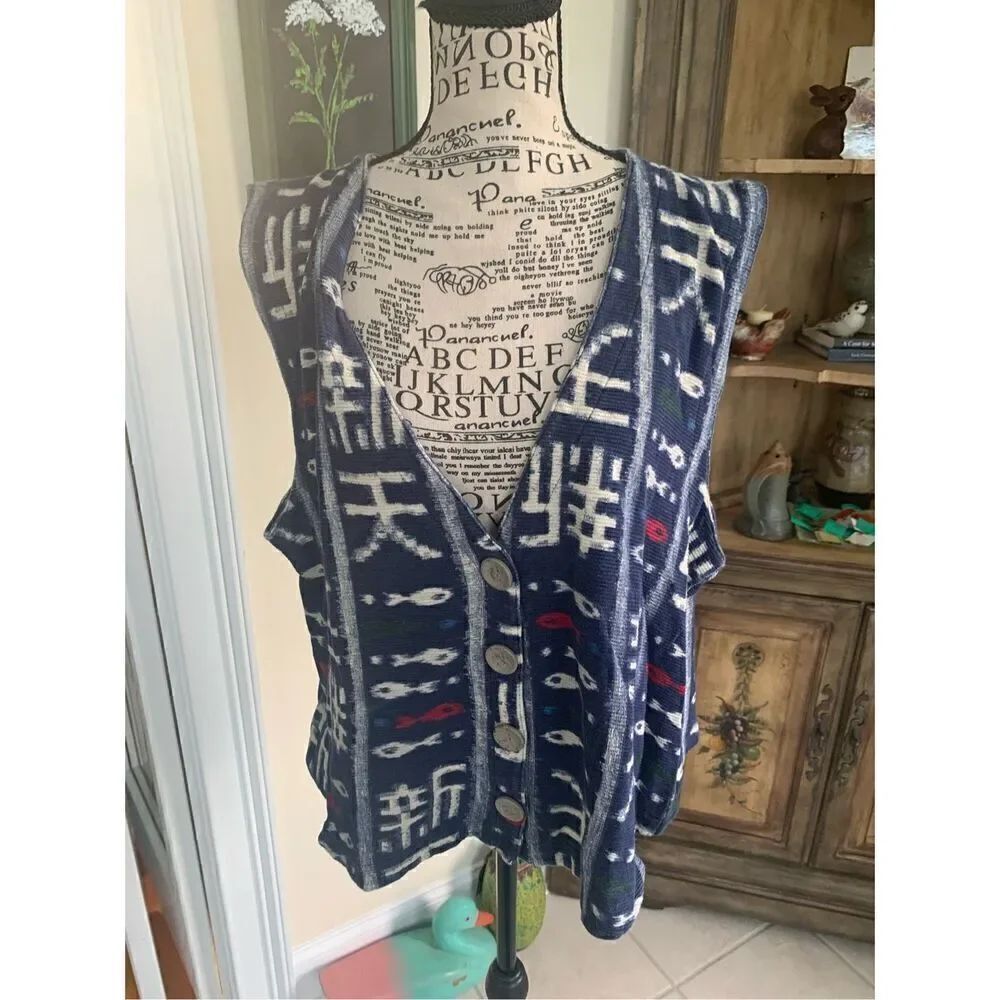 Chico’s Design 100% Cotton Indigo Fish Vest